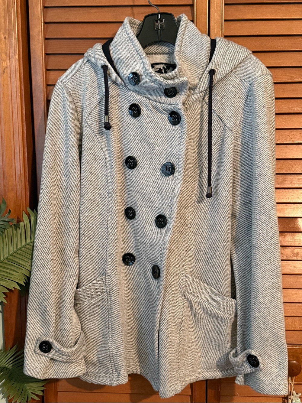 Debby Double-Breasted Hooded Wool-Blend Coat in Light Gray